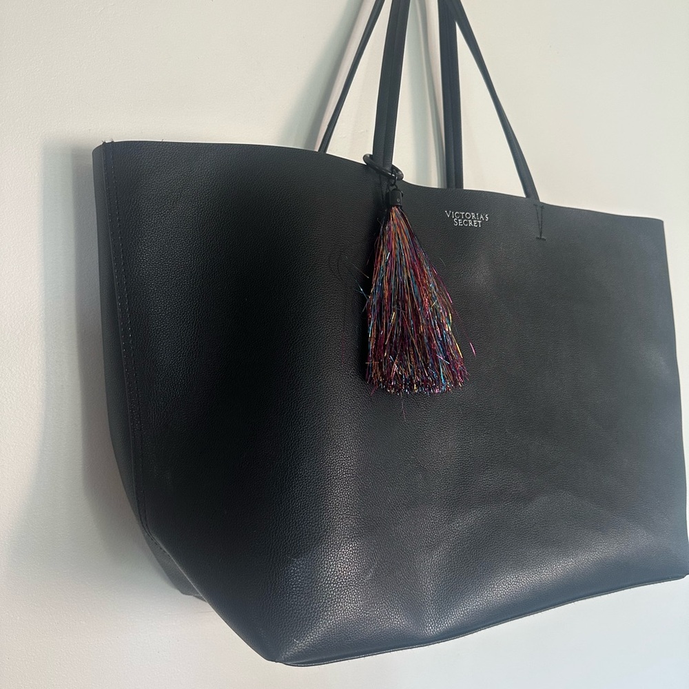 Victoria’s Secret Black Tote Bag with Multicolor Tassel Charm